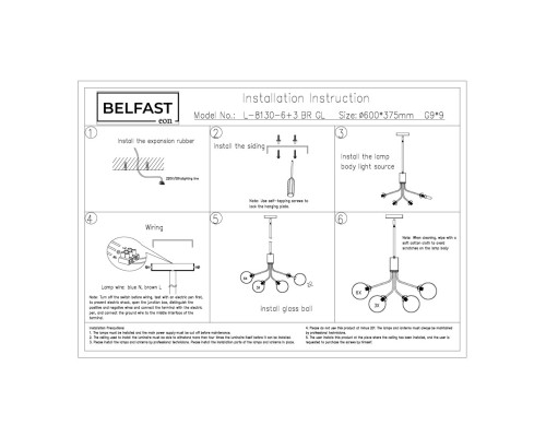 Подвесная люстра Belfast Bryson L-8130-6+3 BR GL Латунь / Стекло