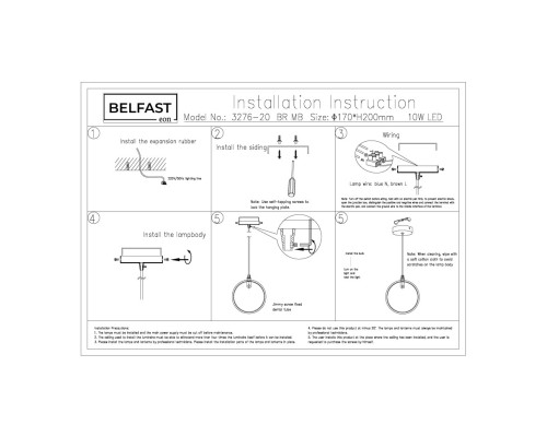 Подвесной светильник Belfast Ravenhill 3276-20 BR MB Латунь / Камень