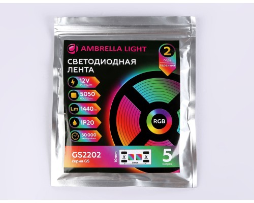 Светодиодная лента 12В 5050 60Led 14.4Вт/м Цветная RGB IP20 5000*10*1.87 GS2202 AMBRELLA LIGHT AMBRELLA LIGHT