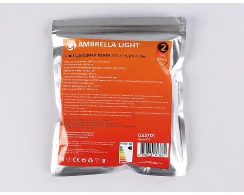 Светодиодная лента двухрядная 24В 2835 240Led 24Вт/м 3000K IP20 5000*14*1.2 GS3701 AMBRELLA LIGHT AMBRELLA LIGHT