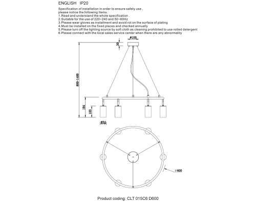 Светильник подвесной Crystal Lux CLT 015C6 D600 BL-GO