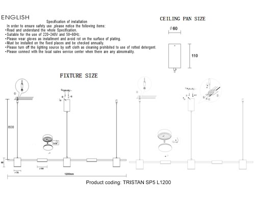 Светильник подвесной Crystal Lux TRISTAN SP5 L1200 GOLD