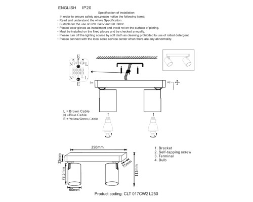 Светильник потолочный Crystal Lux CLT 017CW2 L250 BL GU10 2*50W Черный