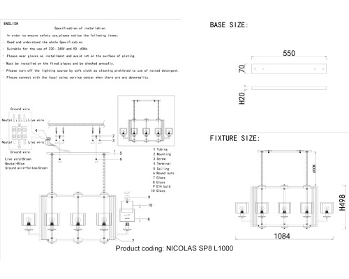 Люстра подвесная Crystal Lux NICOLAS SP8 L1000 NICKEL/WHITE E14 8*60W никель/прозрачный