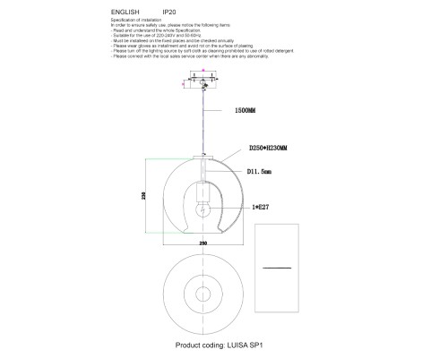 Светильник подвесной Crystal Lux LUISA SP1 BRASS/TRANSPARENT