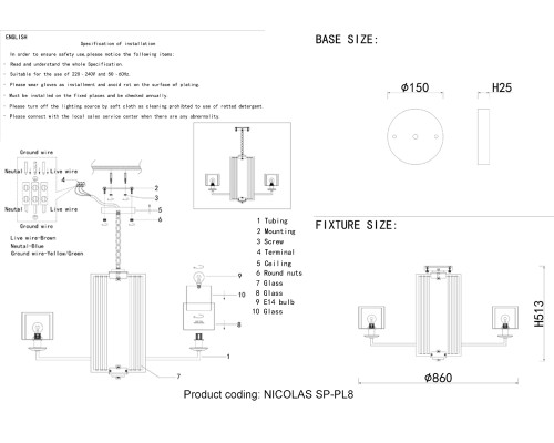 Люстра подвесная Crystal Lux NICOLAS SP-PL8 GOLD/WHITE E14 8*60W золото/прозрачный