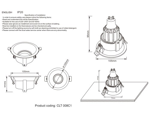 Светильник встроенный Crystal Lux CLT 008C1WH GU10 1*50W Белый