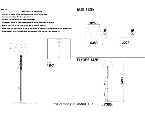 Торшер Crystal Lux ARMANDO PT1 GOLD E27 1*60W Золотой