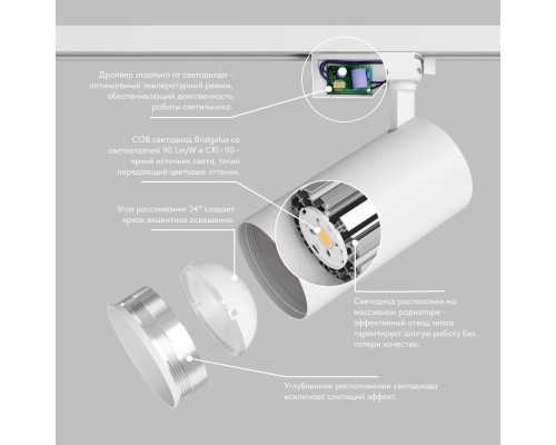 DK6455-WH Трековый светильник SOLID KOPER, 155мм, d80, 220V, LED 3000K, 30W, IP20, белый, алюминий