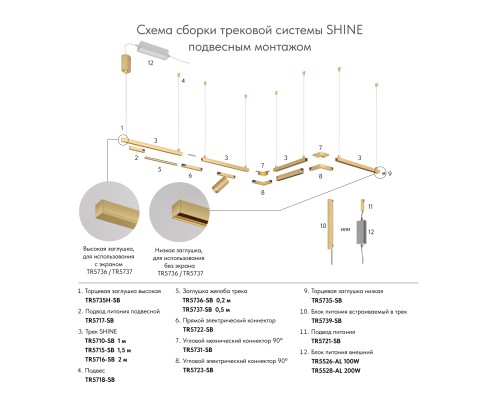 Трек SHINE BASE, 2м, 48В DC, IP20, сатинированная латунь, алюминий