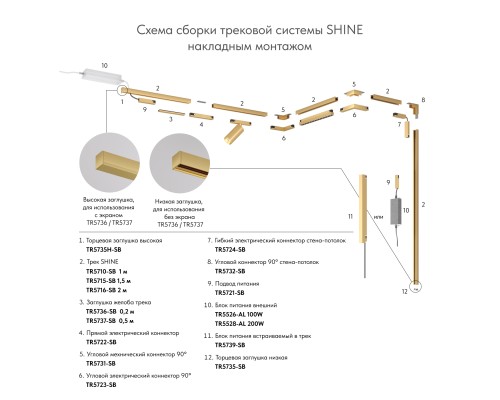 Трек SHINE BASE, 2м, 48В DC, IP20, сатинированная латунь, алюминий