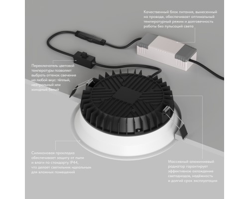 Встраиваемый влагозащищенный светильник TRIM, 24 Вт LED 3000-4000-6500K, IP44, алюминий, акрил