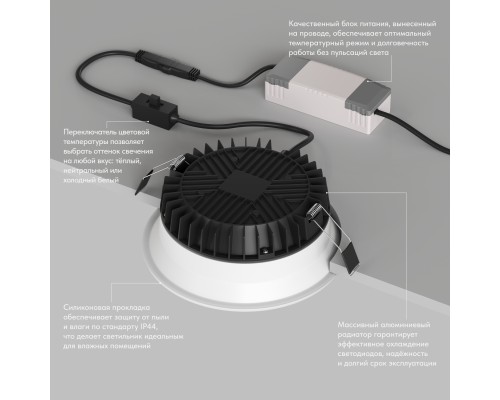 Встраиваемый влагозащищенный светильник TRIM, 18 Вт LED 3000-4000-6500K, IP44, алюминий, акрил
