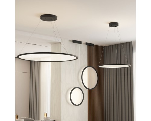 Подвесной светильник горизонтальный VEIL, 80 Вт, ?1000?В1500 мм, LED 2700-6000K, IP20, пульт Д/У (в комплекте), черный, алюминий, акрил