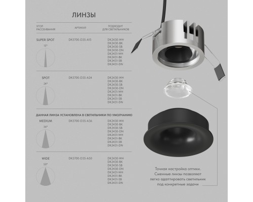 DK2430-BK Встраиваемый светильник SHINE GLOW 15Вт, 3000-4000К, IP20, черный матовый, алюминий