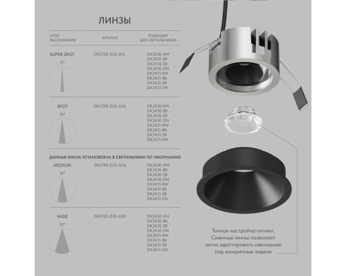 DK2431-BK Встраиваемый светильник SHINE GLOW 15Вт, 3000-4000К, IP20, черный матовый, алюминий