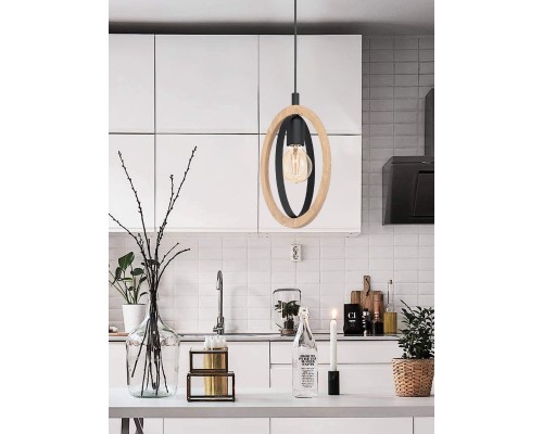 43461 Подвес BASILDON, 1x60W (E27), L190, B160, H1100, сталь, черный/дерево, коричневый