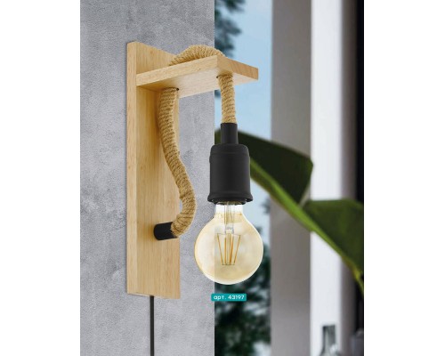 43197 Бра RAMPSIDE, 1х28W(E27), L80, H300, A135, сталь, дерево, канатные веревки, черный, коричневый