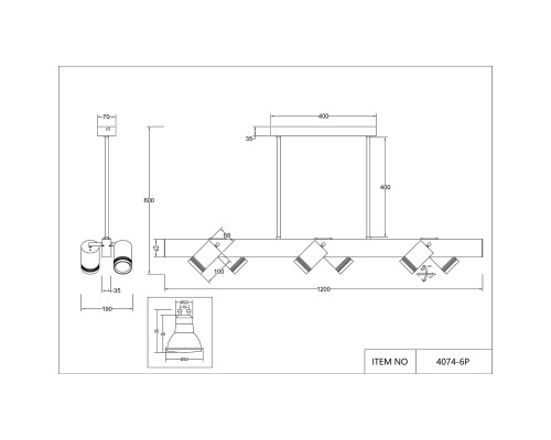 4074-6P, подвесная люстра, L1200xW190xH600, 6xGU10LEDx10W + LEDx18W, 700LM, 4000K