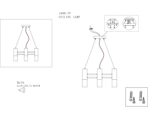 1600-7P, подвесная люстра, D480xH240/780, 7xGU10LEDx5W, 2800LM, 3000K