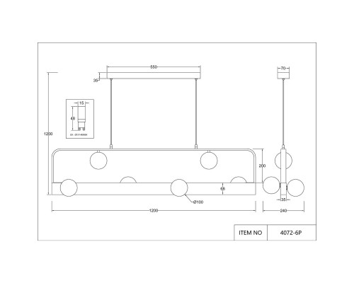 4072-6P, подвесная люстра, L1200xW240xH200/1200, 6xG9LEDx10W + LEDx18W, 700LM, 4000K