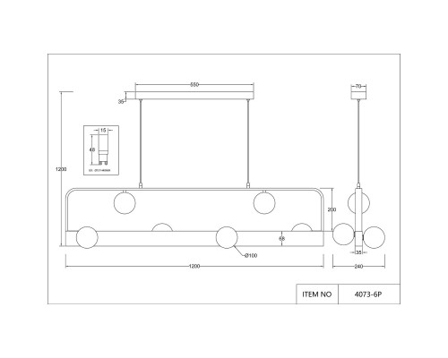 4073-6P, подвесная люстра, L1200xW240xH200/1200, 6xG9LEDx10W + LEDx18W, 1000LM, 4000K