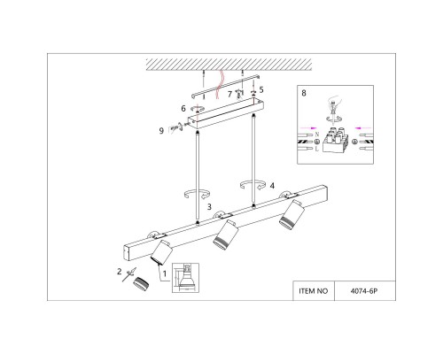 4074-6P, подвесная люстра, L1200xW190xH600, 6xGU10LEDx10W + LEDx18W, 700LM, 4000K