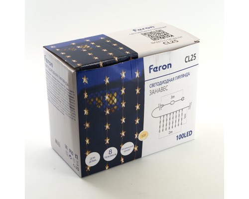 Светодиодная гирлянда Feron CL25 занавес Звездочки  2*1м  + 3м 2700K с контроллером, c питанием от сети 230V, прозрачный шнур