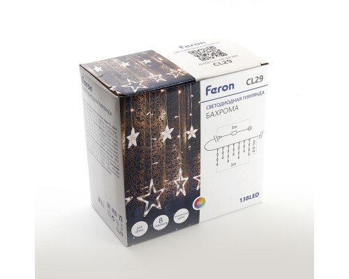 Светодиодная гирлянда Feron CL29 бахрома Звезды  3м  + 3м 230V мультиколор, статичная, c питанием от сети, прозрачный шнур