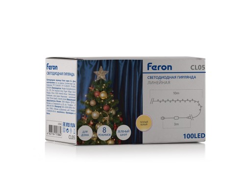 Светодиодная гирлянда Feron CL05 линейная 10м +3м 230V 2700K, c питанием от сети, контроллером, зеленый шнур