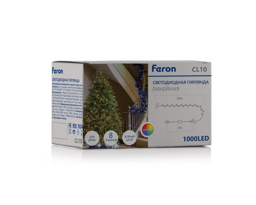 Светодиодная гирлянда Feron CL10 линейная 20м + 3м 230V мультиколор, c питанием от сети, зеленый шнур