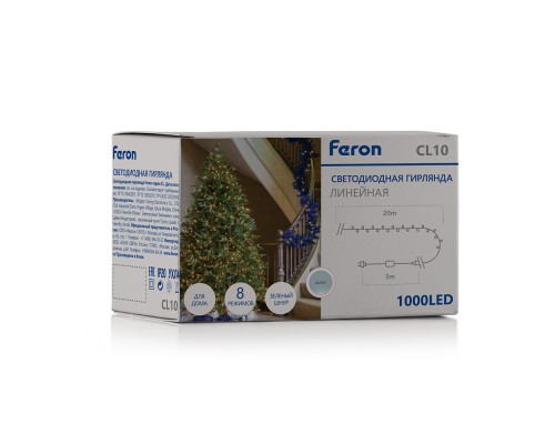 Светодиодная гирлянда Feron CL10 линейная 20м + 3м 230V 5000К, c питанием от сети, зеленый шнур