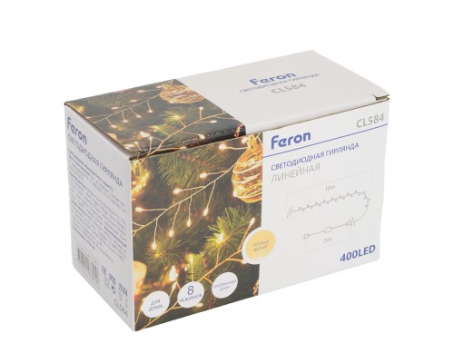 Светодиодная гирлянда Кластер (на проволоке) Feron CL584 линейная 400 LED 12м 2700К, c питанием от сети 230V, прозрачный шнур