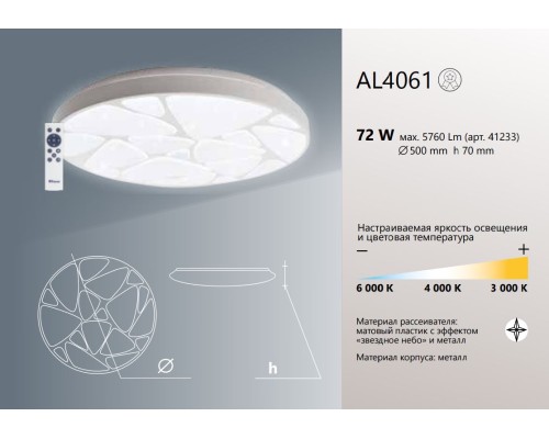 Светодиодный управляемый светильник накладной Feron AL4061 тарелка 72W 3000К-6000K белый