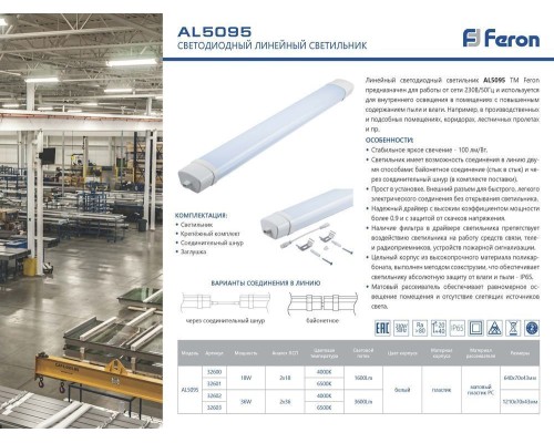 Светильник светодиодный линейный Feron AL5095 IP65 36W 4000K 1210*70*43мм