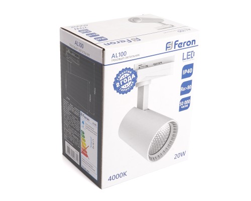 Светодиодный светильник Feron AL100 трековый однофазный на шинопровод 20W 4000K 35 градусов белый