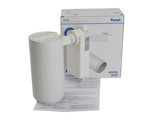 Светодиодный светильник Feron AL137 трековый однофазный на шинопровод 30W 4000K белый, изменяемый угол освещения 15-60град