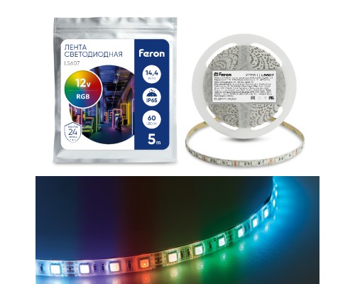 Светодиодная LED лента Feron LS607, 60SMD(5050)/m 14.4W/m 12V IP65 5m RGB