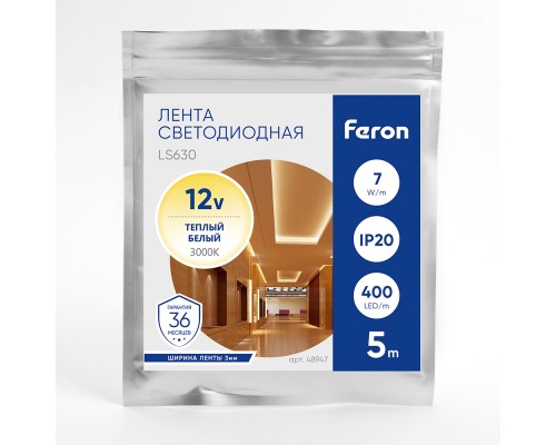 Светодиодная COB лента Feron LS630, 400SMD(2110)/ 7Вт/м 12V 5000*3*1.8мм 3000K, IP20