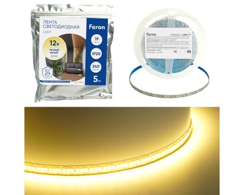 Светодиодная LED лента Feron LS617, 240SMD(2835)/м 19Вт/м 12V 5000*10*1.22мм 3000К, IP20