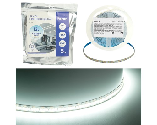 Светодиодная LED лента Feron LS617, 240SMD(2835)/м 19Вт/м 12V 5000*10*1.22мм 6500К, IP20