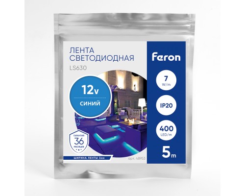 Светодиодная COB лента Feron LS630, 400SMD(2110)/ 7Вт/м 12V 5000*3*1.8мм синий, IP20