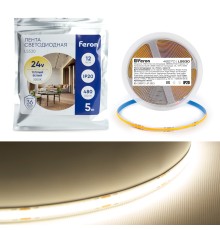 Светодиодная COB лента Feron LS530, 480SMD(2110)/м 12Вт/м 24V 5000*10*1.8мм 3000К IP20