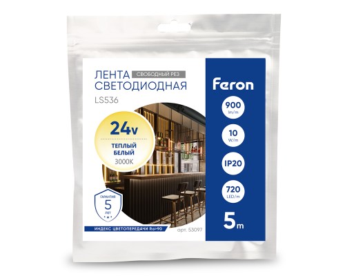 Лента светодиодная 720SMD(2110) 10Вт/м 24V 5000*8*1.8мм IP20 3000К, LS536 FERON СВОБОДНЫЙ РЕЗ