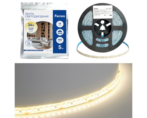 Светодиодная LED лента Feron LS512, 180SMD(2835)/м 16Вт/м 24V 5000*10*2.3мм 3000К IP65