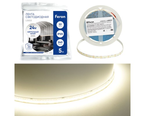 Светодиодная LED лента Feron LS503 240SMD(2835)/м 22Вт/м 24V 5000*10*1.22мм 4000К, IP20