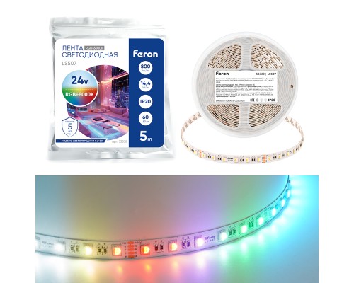 Лента светодиодная 60SMD(5050)/м 14,4Вт/м 24V 5000*12*1.22мм RGB+3000К, IP20, LS507 FERON