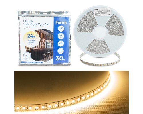 Светодиодная LED лента Feron LS502, 180SMD(2835)/м 16Вт/м 24V 30000*10*1.22мм 3000К 30м IP20