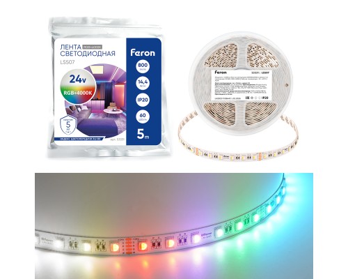 Лента светодиодная 60SMD(5050)/м 14,4Вт/м 24V 5000*12*1.22мм RGB+3000К, IP20, LS507 FERON
