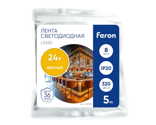Светодиодная COB лента Feron LS530 320SMD(2110) 8Вт/м 24V 5000*8*1.8мм IP20, желтый